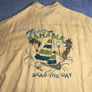 Vintage Tommy Bahama 100% Thick Silk "Seas The Day" Embroidered Hawaiian Shirt L
